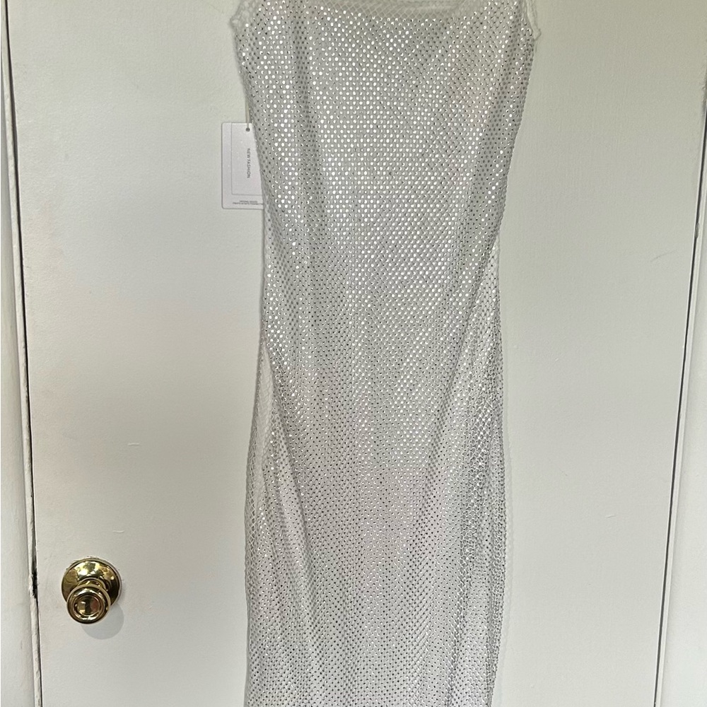 White Full length Rhinestone Dress